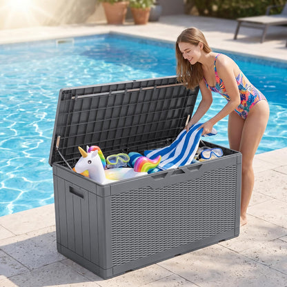 JUMMICO 31 Gallon Resin Deck Box Waterproof Indoor Outdoor Storage Boxes for Patio Furniture Cushions and Garden Tools (Brown)
