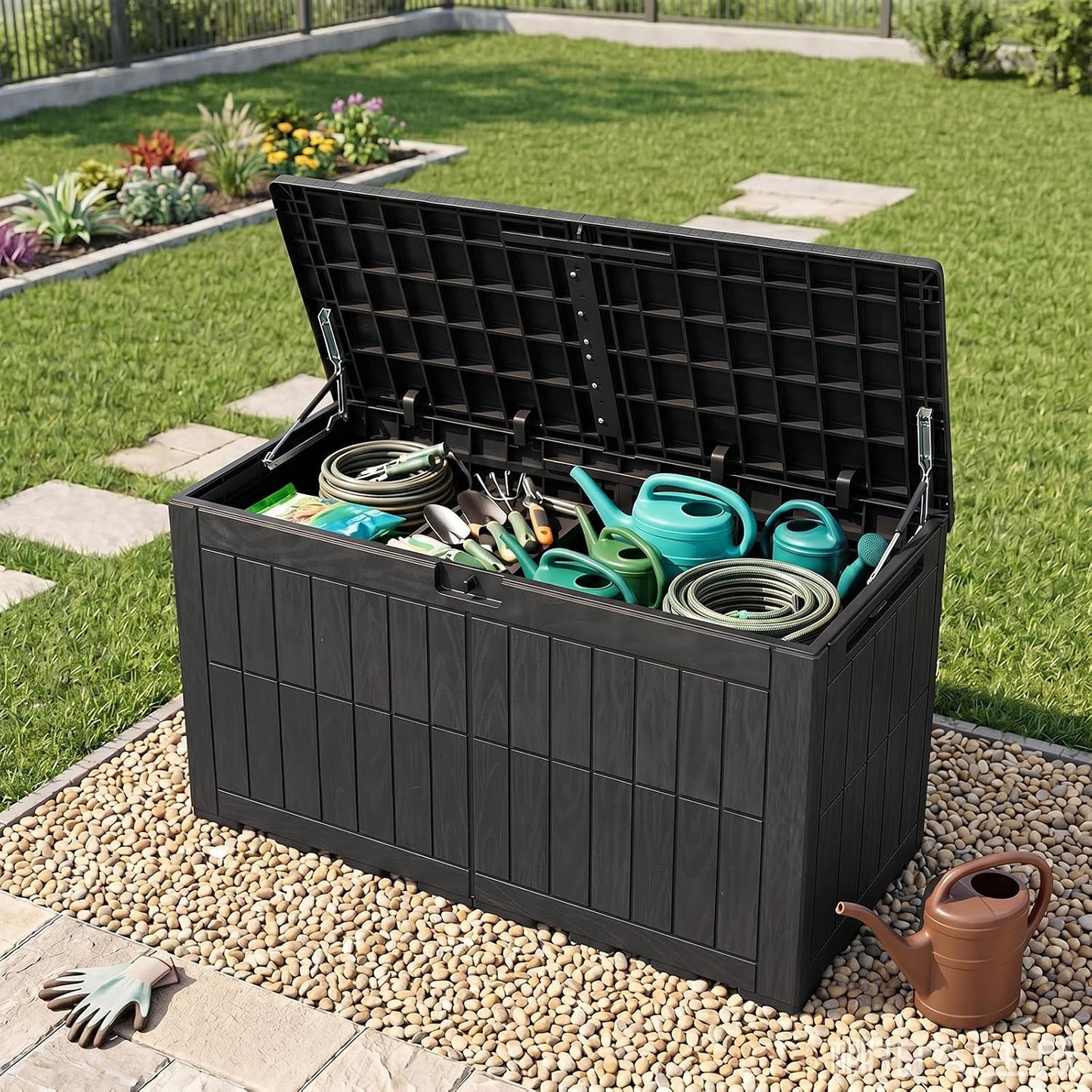 Tangkula 25 Gallon Waterproof Outdoor Storage Box with Lockable Lid | PP Resin, Wicker Patterned, Indoor Outdoor Use, Portable, Versatility, for Deck, Pool, Patio Cushions, Garden Tools