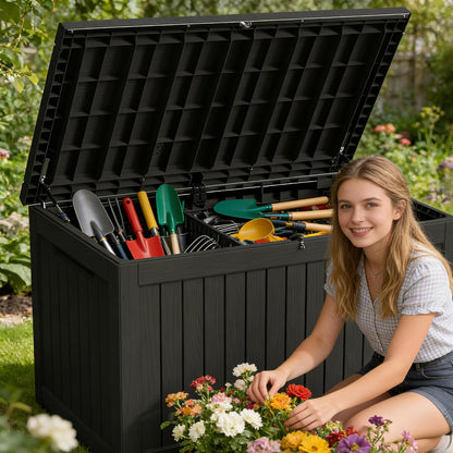 320 Gallon Outdoor Storage Box Resin Deck Box All Weather Waterproof Large Lockable Storage Container Deck Box for Patio Furniture, Garden Tools, Lockable, Black