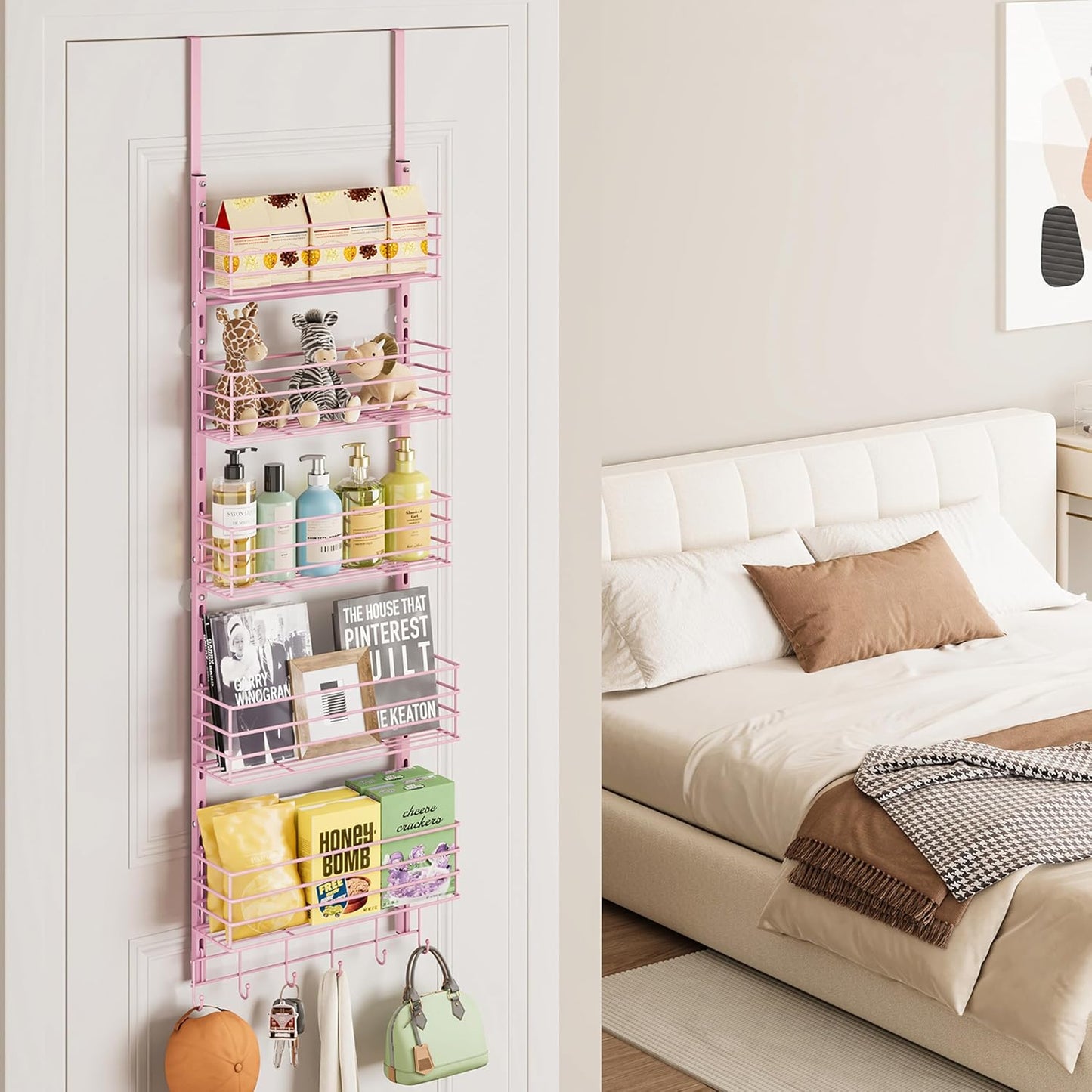 SWTYMIKI Over The Door Organizer - Door Organizer Hanging with 5 Adjustable Metal Large Capacity Basket and 6 Coat Hook, Wall Mounted Shelf for Bedroom Closet Bathroom Laundry Pantry Cabinet Kitchen