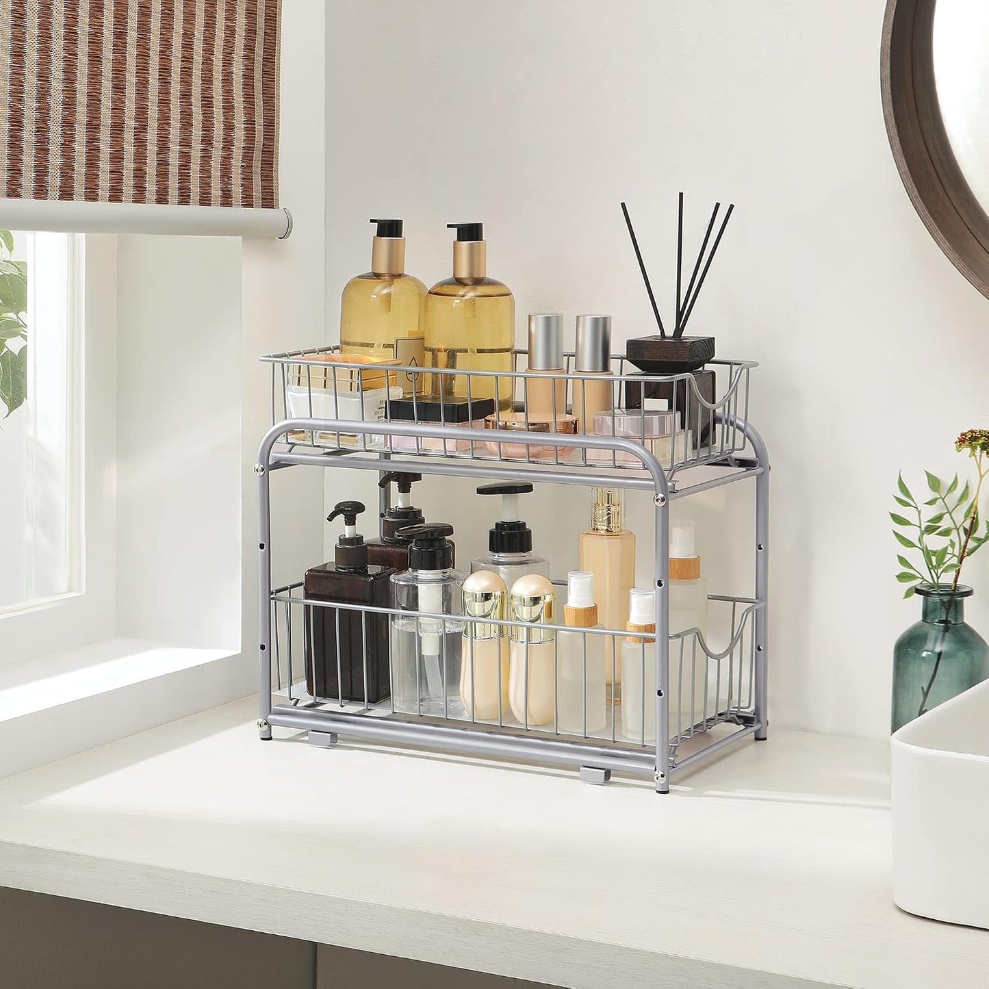 SONGMICS 2-Tier Pull Out Cabinet Organizers, Under Sink Organizer, Bathroom Organizer and Storage, Sliding Basket Drawers, Stackable for Kitchen, Bathroom, Metallic Silver UKCS017E01
