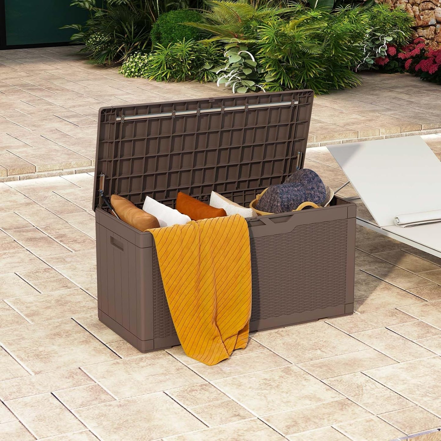 Patiowell 100 Gallon Resin Deck Box, Waterproof Large Outdoor Storage Box for Patio Furniture and Garden Tools, Black