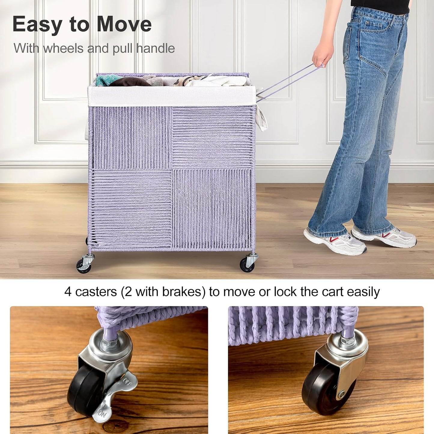 WOWLIVE Double Laundry Hamper with Lid, Handwoven Rolling Laundry Basket with Wheels, 115L Dirty Clothes Hamper with Removable Liner Bag Large Capacity Laundry Sorter Laundry Room Organization,Natural