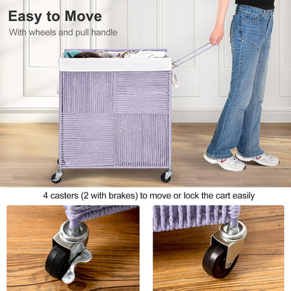WOWLIVE Double Laundry Hamper with Lid, Handwoven Rolling Laundry Basket with Wheels, 115L Dirty Clothes Hamper with Removable Liner Bag Large Capacity Laundry Sorter Laundry Room Organization,Natural