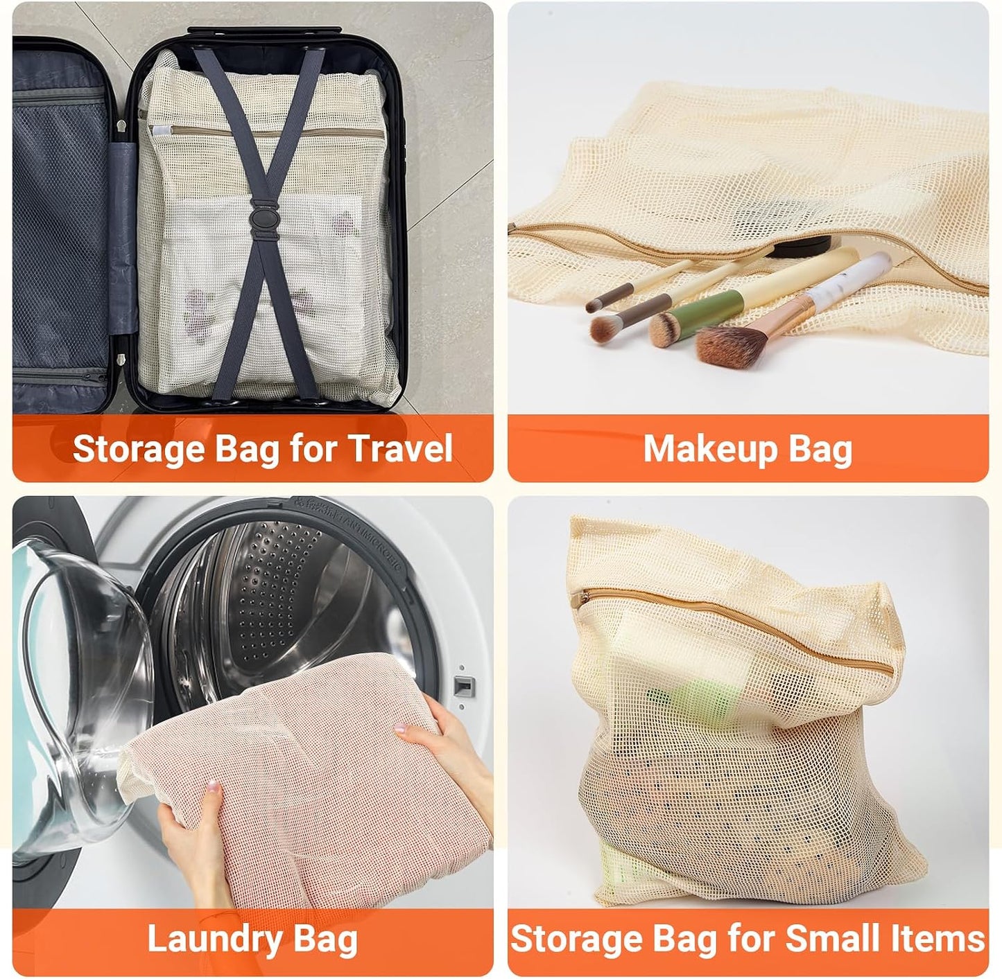 6Pcs Organic Cotton Mesh Laundry Bags for Delicates, Durable Mesh Wash Bags, Sturdy Zipper Laundry Bag for Underwear, Clothes, Shoes, Socks, (3 Large, 3 Medium)