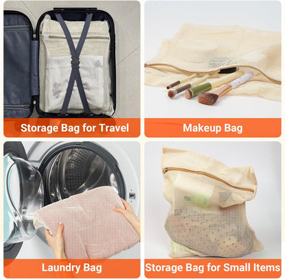 6Pcs Organic Cotton Mesh Laundry Bags for Delicates, Durable Mesh Wash Bags, Sturdy Zipper Laundry Bag for Underwear, Clothes, Shoes, Socks, (3 Large, 3 Medium)