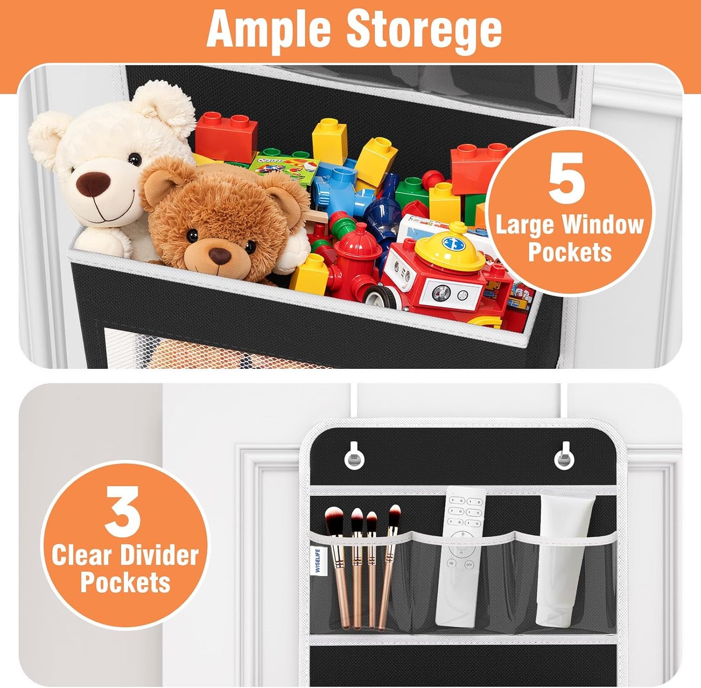 WISELIFE Over The Door Organizer Storage 4 Shelves Large Capacity Hanging Bedroom Storage Solution with 6 Side Pockets for Dorm Bathroom Pantry Nursery and Baby Essentials Holds up to 40 Lbs (Black)