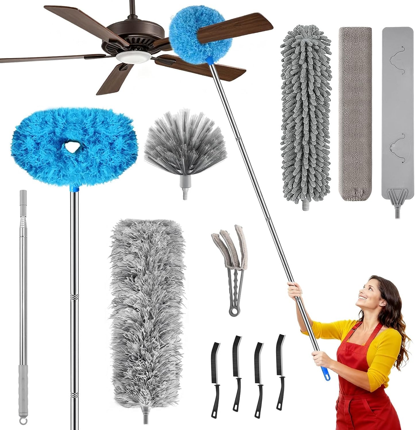 100-inch Duster with Extension Pole, 9-in-1 Cobweb Duster Kit Includes Spider Web Brush & Flat Gap Cleaner for High Ceiling, Fan, Under Appliances, Car, Home Deep Cleaning