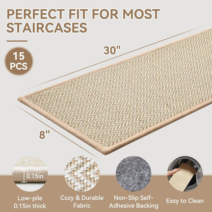 YDKGL Stair Treads Non Slip for Wooden Steps Indoor 15 Pack, Reusable Peel and Stick Adhesive Stair Treads Runner Rugs, Stair Carpet Floor Mats for Elders Pets, Easy to Install, Brown 8" x 30"