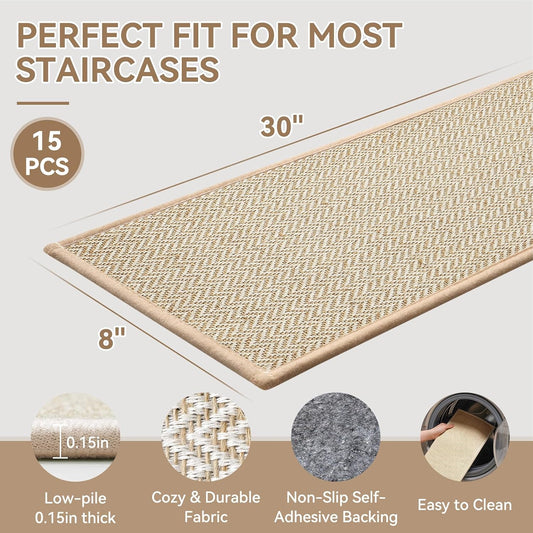 YDKGL Stair Treads Non Slip for Wooden Steps Indoor 15 Pack, Reusable Peel and Stick Adhesive Stair Treads Runner Rugs, Stair Carpet Floor Mats for Elders Pets, Easy to Install, Brown 8" x 30"