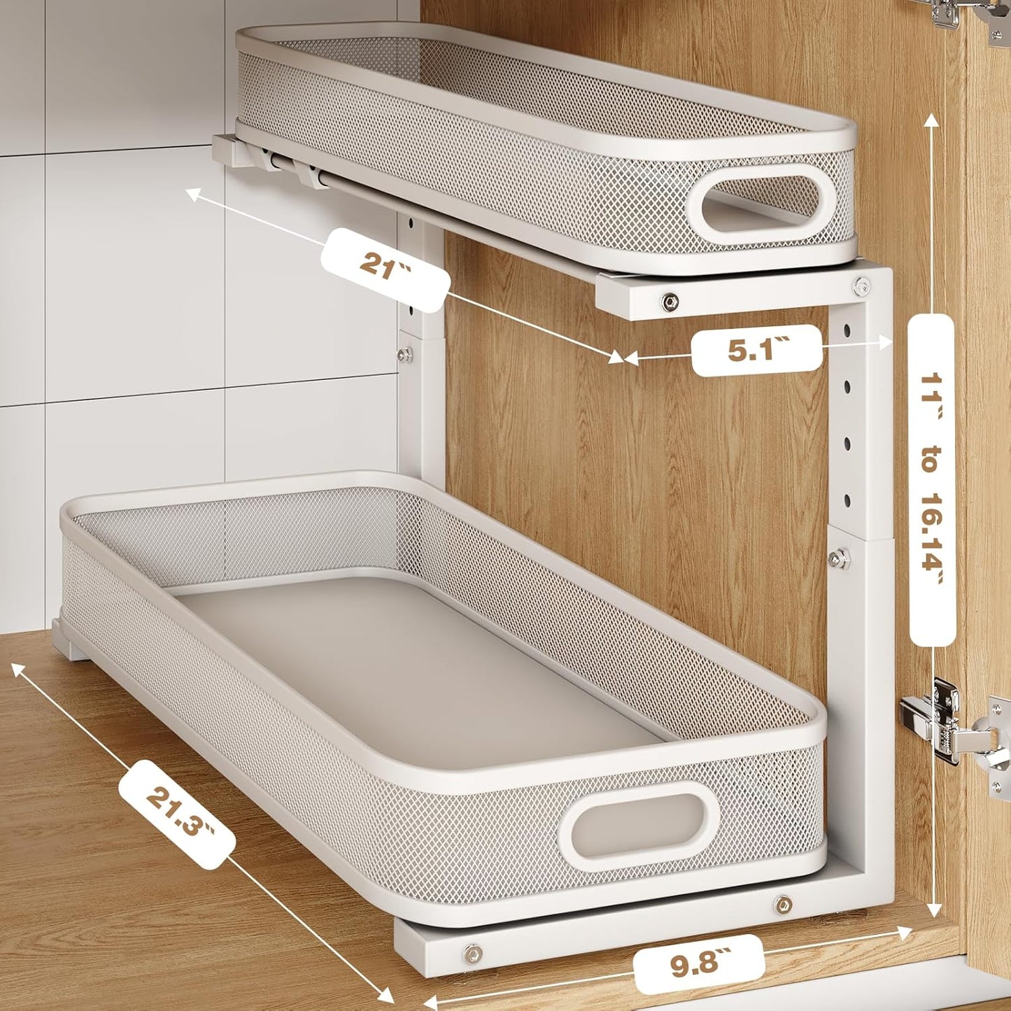 2 Pack Under Sink Organizer With Smooth Cylindrical Rail,2-Tier Pull Out Multi-Purpose Cabinet Storage for Bathroom&Kitchen,Height Adjustable,Rust-resistant Coating-White