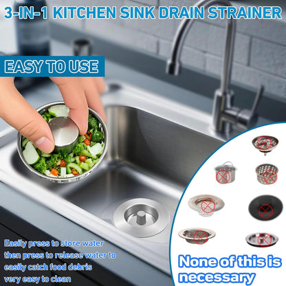 Kitchen Sink Drain Strainer for 3-1/2 Inch Drain Hole, 3-in-1 304 Stainless Steel Pop-Up Sink Strainer and Stopper with Anti-Clog Filter Basket & Food Catcher (Silver, 1 Pack)
