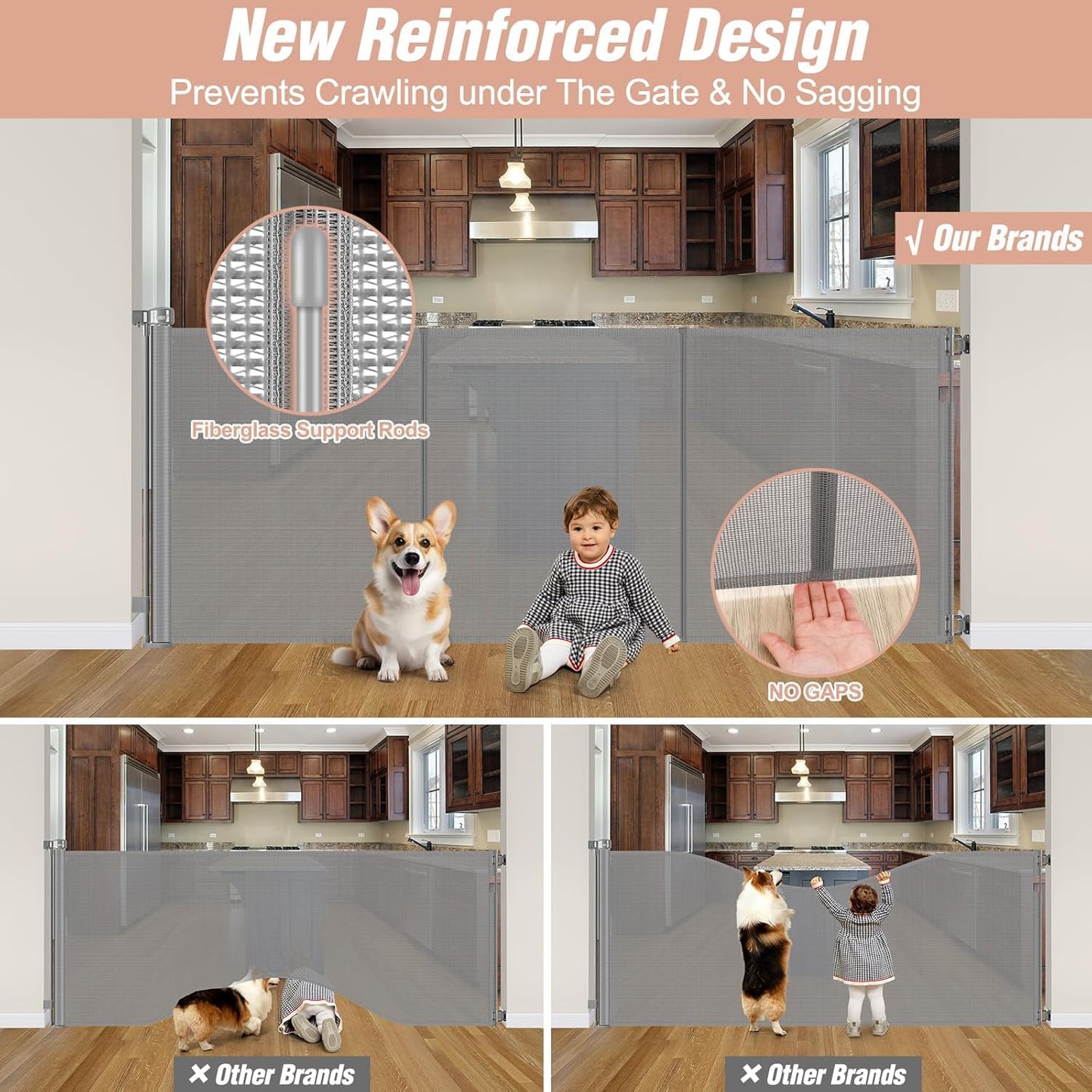 Newly Enhanced - 42" Tall × 120" Extra Wide Retractable Baby Gate Keeps Pets from Getting Under Tall Dog Gate, Indoor/Outdoor Baby Gates for Dogs, Retractable Dog Gate for Large Openings, White