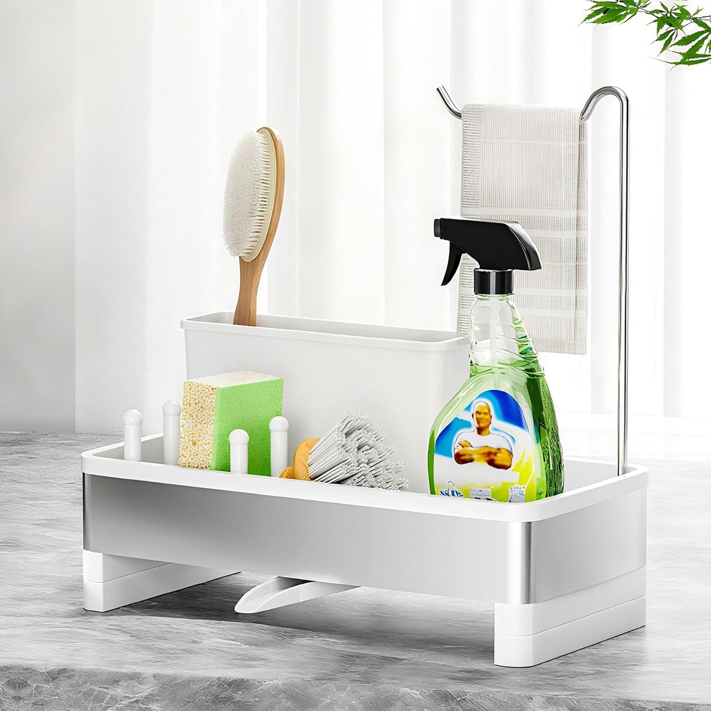 Ewaiira Stainless Steel Sink Caddy, Sponge Holder for Kitchen Sink with Brush Holder and Towel Rack, Sink Organizer for Countertop, Soap Dispenser Kitchen Organizers Storage Essentials (A-Black)
