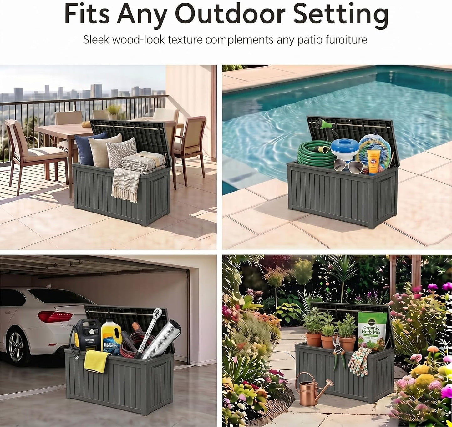 MAKINO 152 Gallon Resin Outdoor Storage Box, Waterproof Deck Box with Lockable Lid, Outside Storage Box for Patio Furniture, Pool Accessories, Garden Tools, Storage Bench for Backyard, Porch, Black