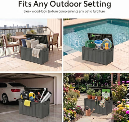 MAKINO 152 Gallon Resin Outdoor Storage Box, Waterproof Deck Box with Lockable Lid, Outside Storage Box for Patio Furniture, Pool Accessories, Garden Tools, Storage Bench for Backyard, Porch, Black