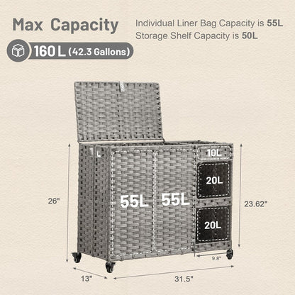 Laundry Hamper with Wheels, 42.3 Gal.(160 L) Laundry Sorter with Shelves, Rattan Clothes Hamper with 4 Removable Liners & 3 Mesh Bags, Handwoven Organizer for bedroom, bathroom, laundry room, Natural