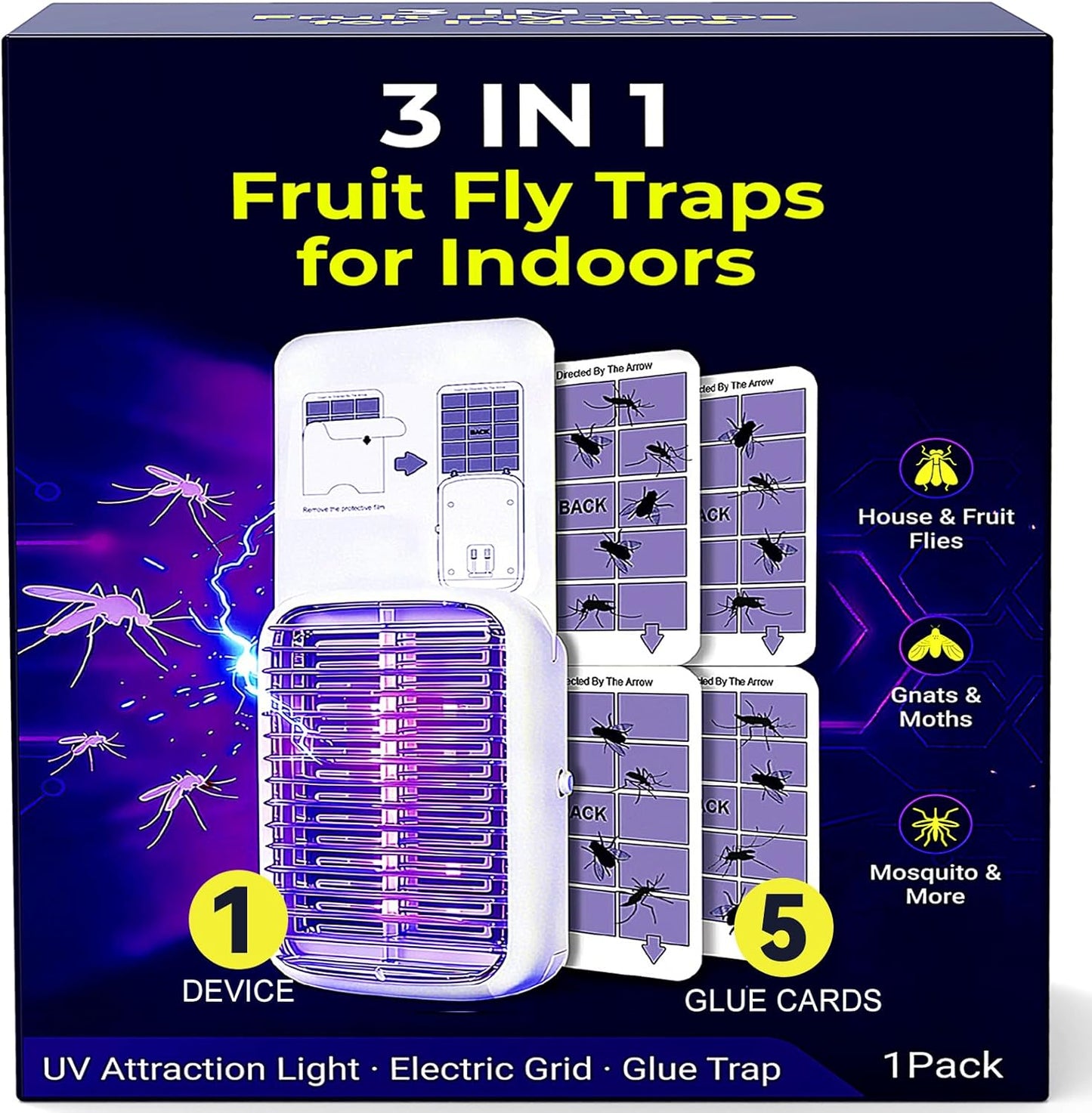 Upgraded Fruit Fly Traps for Indoors, Flying Insect Trap for Fruit Flies, Gnats, Plug in Bug Zapper Indoor with Dual-UV Lights & Trapping, Electric Grid & Glue Traps