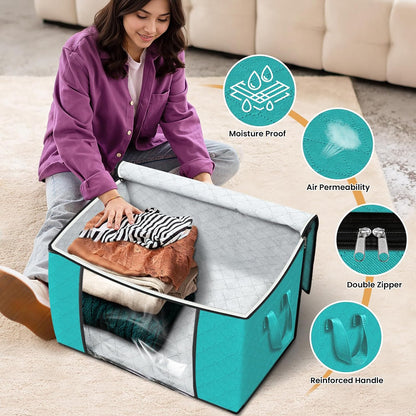 Fab totes 6 Pack Storage Bags for Clothes and Blanket, Foldable Closet Organizers and Storage with Zippers, Clear Window and Handles, Fabric Storage Bins for Sweater, Comforter, Bedding,Linen Sheets