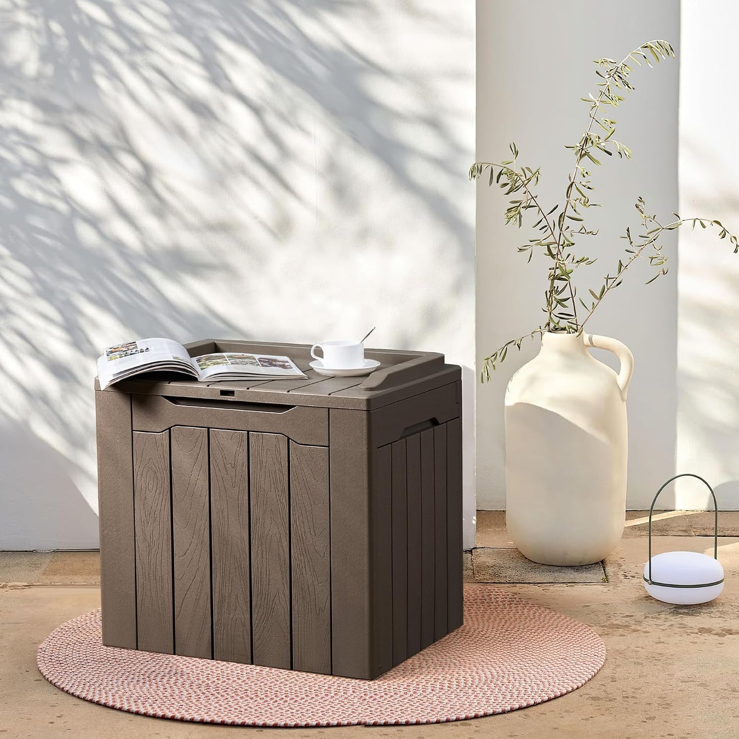Flamaker Outdoor Storage Box 80 Gallon Resin Waterproof Deck Box Delivery Box with Wood Texture Large Storage Bin for Patio Cushions, (Grey)