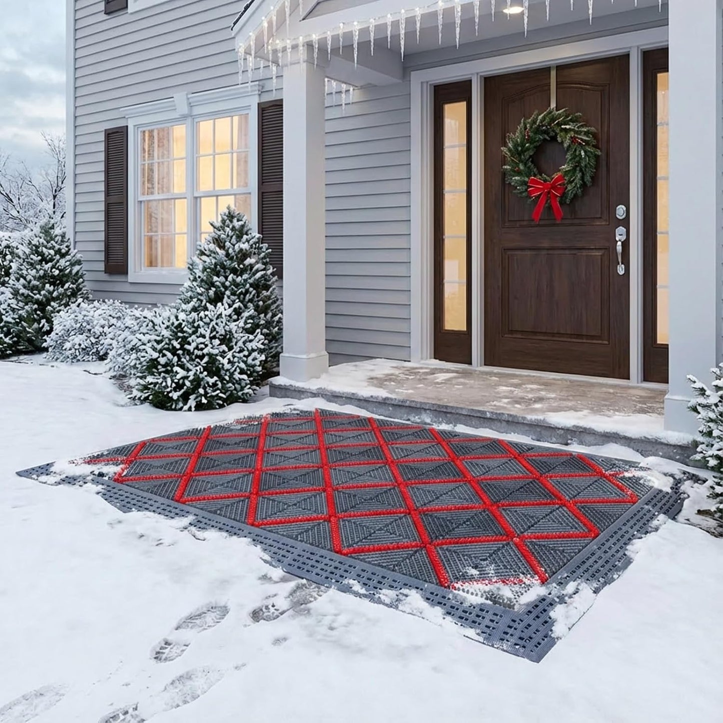 Heavy Duty Outdoor Door Mat with Drainage Holes, All-Weather EVA Boot Scraper Mat, Interlocking Floor Tiles, Non-Slip Waterproof Entrance Mat for Front Door Garage Porch(Gray+Gray,75x150cm)