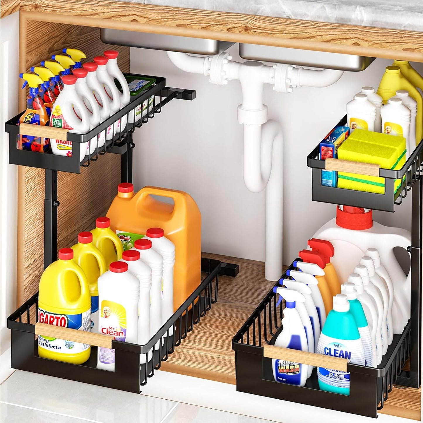 2 Pack Under Sink Organizer, 2 Tier Pull Out Cabinet Organizer with 5-Level Adjustable Height, Sliding Metal Storage Rack for Kitchen Bathroom Pantry, White