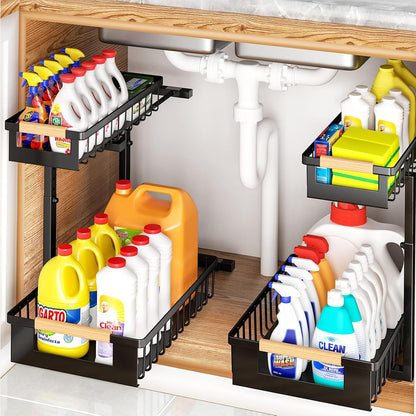 2 Pack Under Sink Organizer, 2 Tier Pull Out Cabinet Organizer with 5-Level Adjustable Height, Sliding Metal Storage Rack for Kitchen Bathroom Pantry, White