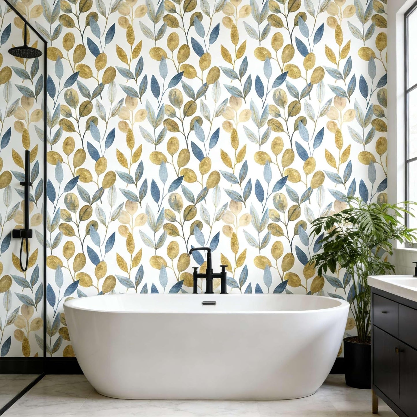 Blue Gold Leaf Peel and Stick Wallpaper Modern Self Adhesive Contact Paper Waterproof Removable Wall Paper for Bathroom Living Room 17.7"x70.8" Luxury Decorative Wallpaper