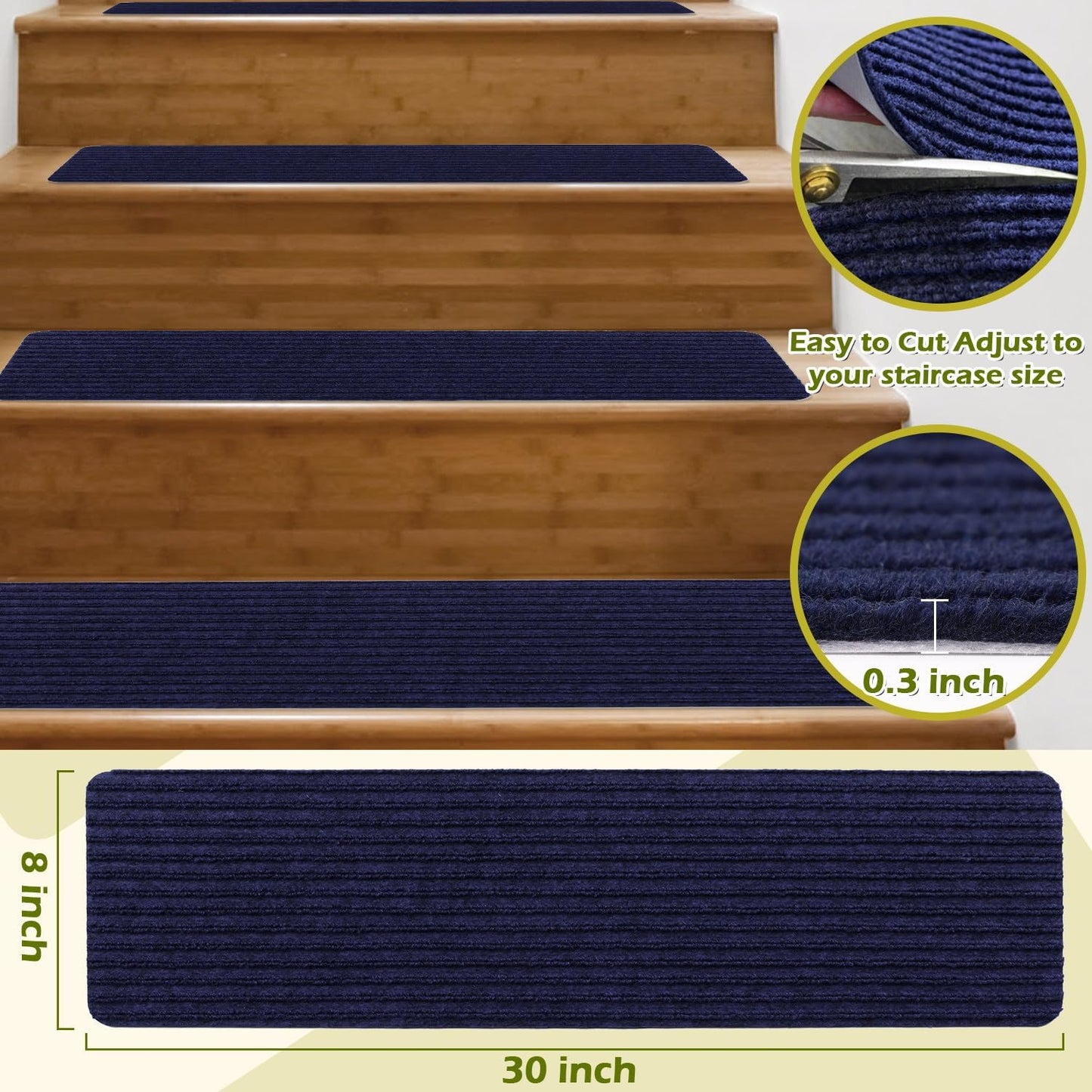 Stair Treads Non-Slip 16 Pack 8"x30" - Carpet Stair Runner for Indoor Wooden Steps with TPE Backing & Anti-Skid Surface, Reusable Adhesive Safety Rug for Kids/Elder/Pet-Friendly - Brown