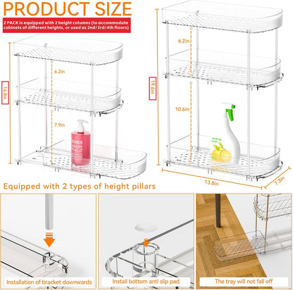 2 Pack 3 Tier Large Pull Out Bathroom Organizers and Storage,13.8″ Deep Sliding Kitchen Under Sink Organizer for Cleaning Products Storage,Acrylic Clear Bathroom inder Sink Organizer,Undersink Storage