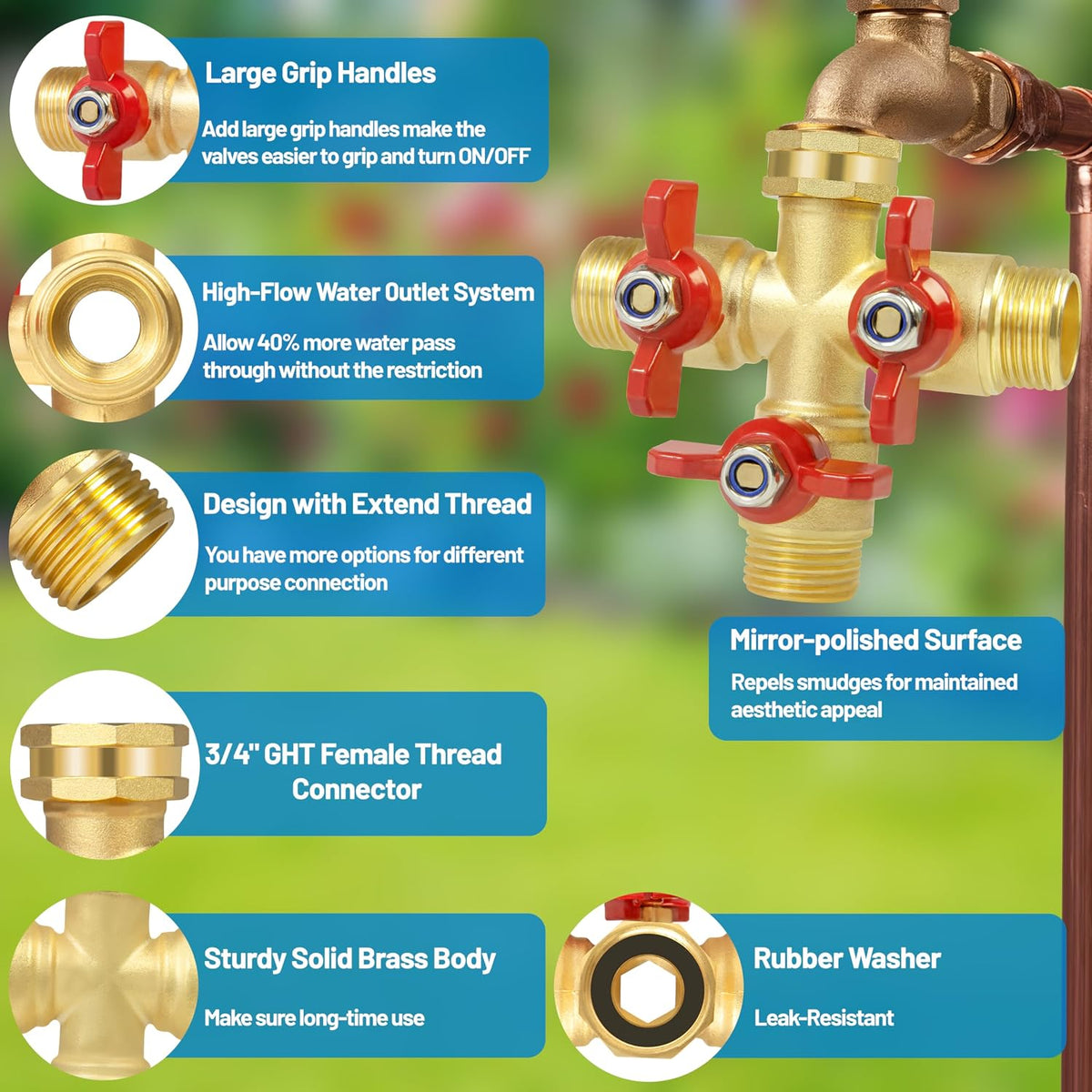 Hose Splitter 2 Way Heavy Duty, Upgrade Full Flow Brass Garden Hose Splitter Connector, Outdoor Water Spigot Splitter with Long Handle, Y Valve 3/4 Inch GHT Thread