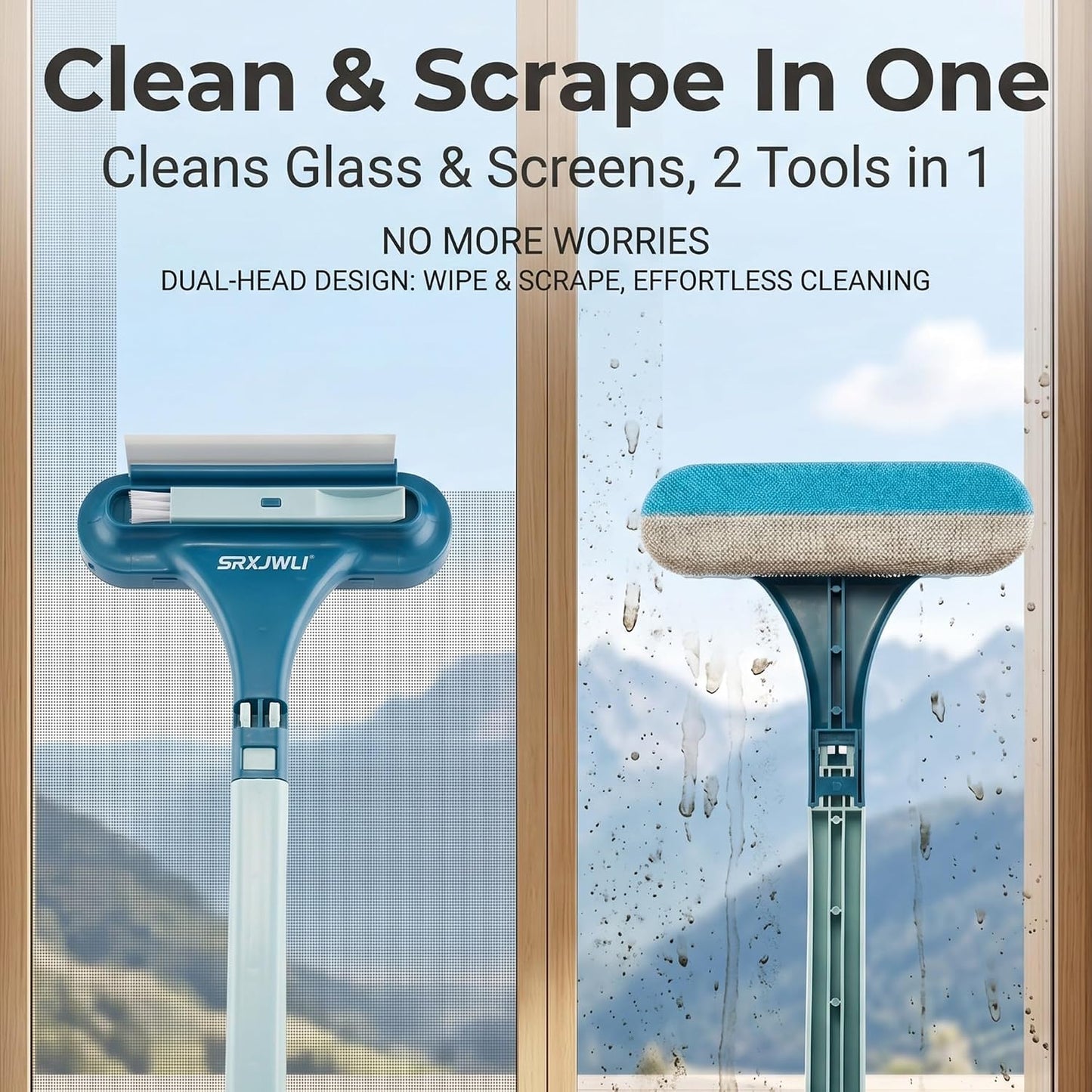 Window Screen Cleaner Tool Outdoor Mesh Cleaning Brush Full Crystal Glass Door LCD Track Hose Washer Windshield Clean 2-in-1 Multi-Purpose Double-Sided Kit with Vacuum Squeegee Handle(Blue)