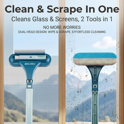 Window Screen Cleaner Tool Outdoor Mesh Cleaning Brush Full Crystal Glass Door LCD Track Hose Washer Windshield Clean 2-in-1 Multi-Purpose Double-Sided Kit with Vacuum Squeegee Handle(Blue)