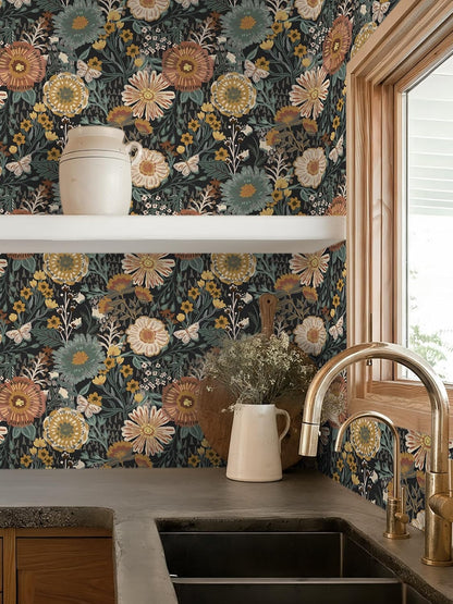 Dimoon 17.3''x78.7'' Peel and Stick Wallpaper Floral Cute Contact Paper Vintage Village Country Cottage Wallpaper Farmhouse Yellow Beige Renter Friendly Geometry Waterproof Embossed Kitchen Bedroom