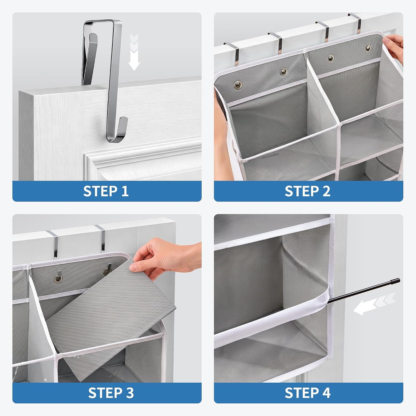 JARLINK 2 Pack Over the Door Organizer Storage, 5 Shelf Hanging Door Organizer with 5 Large Capacity Pockets, Anti Tilt 44 lb Load Behind Door Storage for Bedroom, Bathroom, Pantry, Nursery, (Grey)