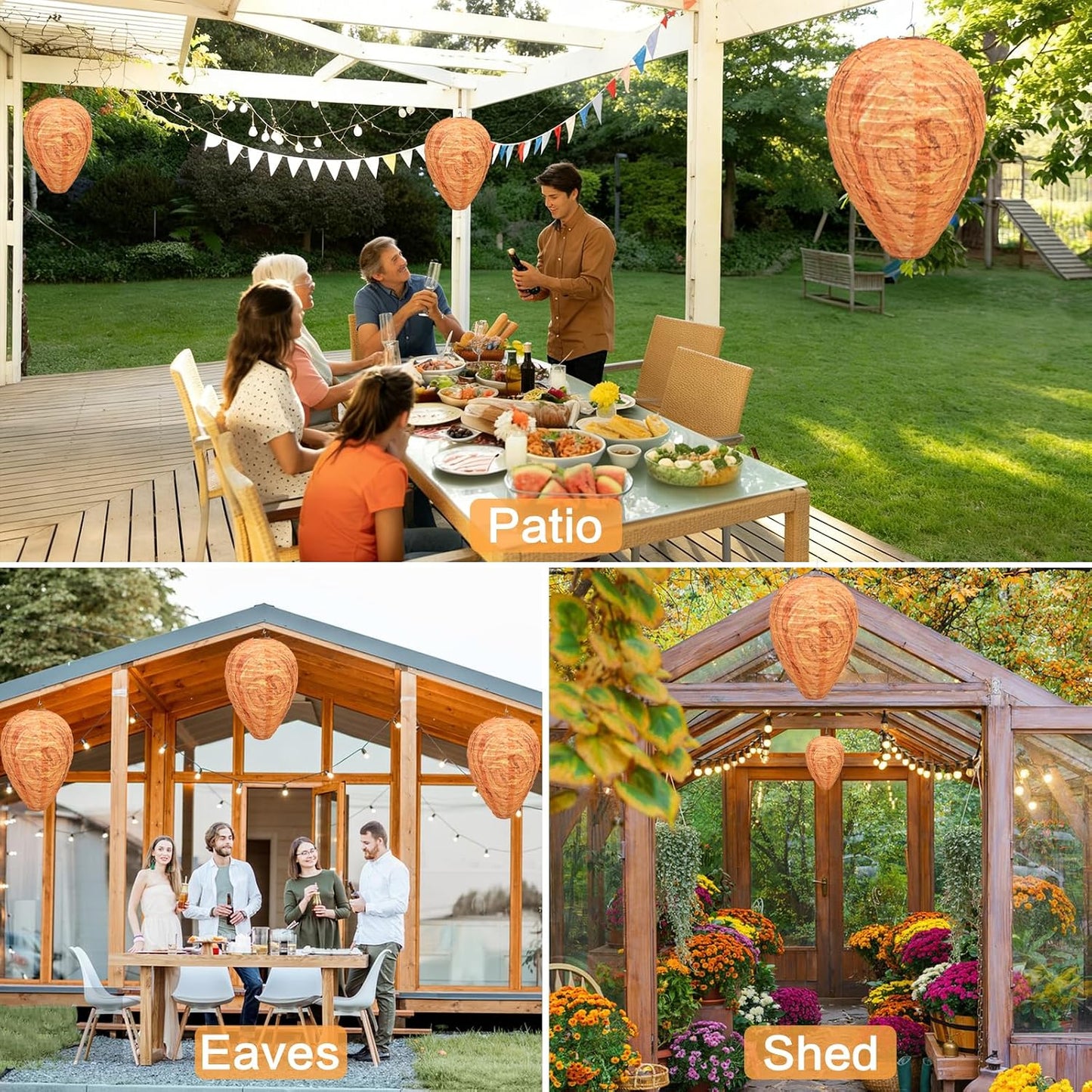 Fake Wasp Nest 4 Pack, Upgraded Waterproof Wasp Nest Decoy for Outdoor Hanging with Stainless Steel Frame, Realistic Artificial Hornet Nests for Patio, Porch, Eaves, Garden, House, Yellow