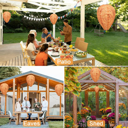 Fake Wasp Nest 4 Pack, Upgraded Waterproof Wasp Nest Decoy for Outdoor Hanging with Stainless Steel Frame, Realistic Artificial Hornet Nests for Patio, Porch, Eaves, Garden, House, Yellow