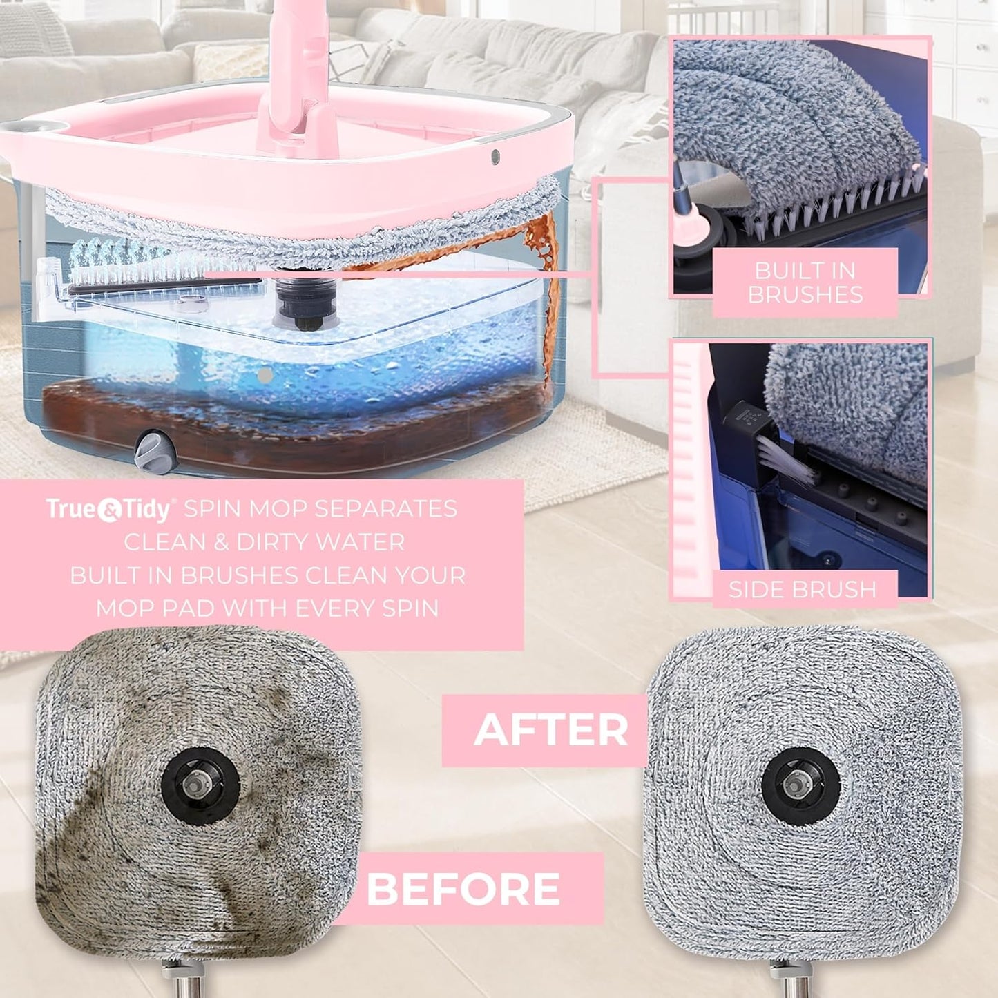 True & Tidy True Clean Spin Mop & Bucket System – Dual Compartment Design for Clean & Dirty Water, 360° Swivel Mop Head, Built-in Scrubbing Brush, Stainless Steel Handle & 2 Reusable Microfiber Pads