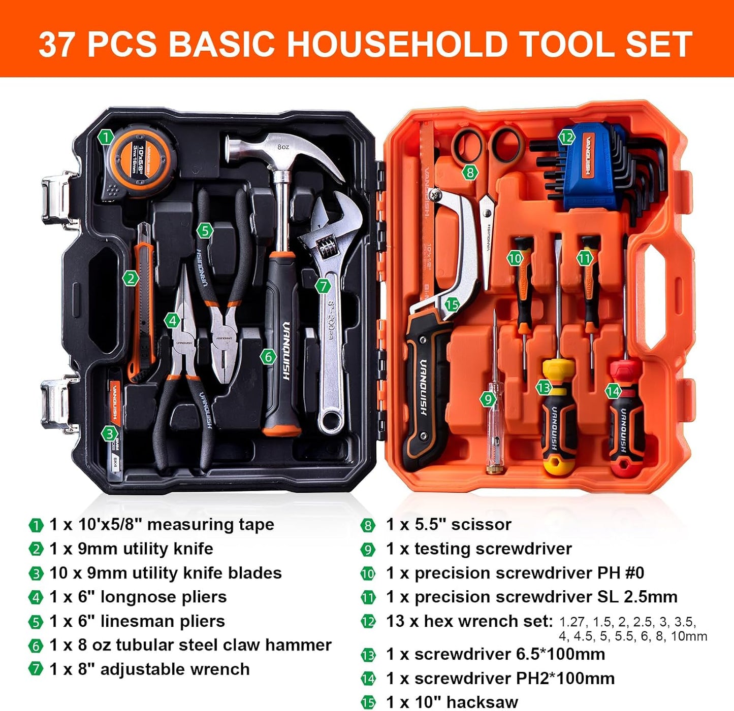 Vanquish 37-Pieces Tool Set for Home,Basic Essential Small Tool Kit Box for Apartment, Dorm, and Household with Blow Molded Storage Case (8001)