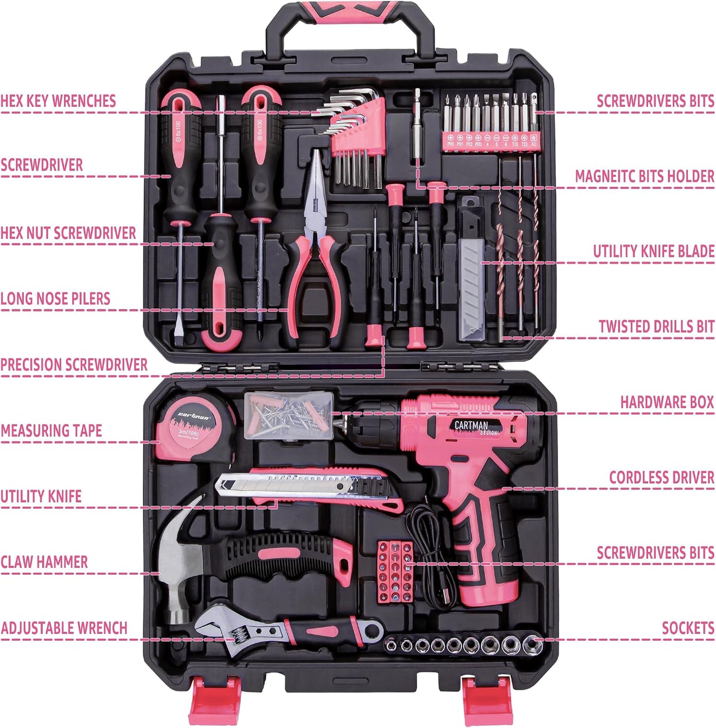 CARTMAN 150PCS 8V Cordless Drill Hand Tool Set, Purple Household Repair Kit | All-Inclusive Tool Assortment With 8V Drill, Great For Home Upkeep, DIY Crafting And Daily Household Fixes