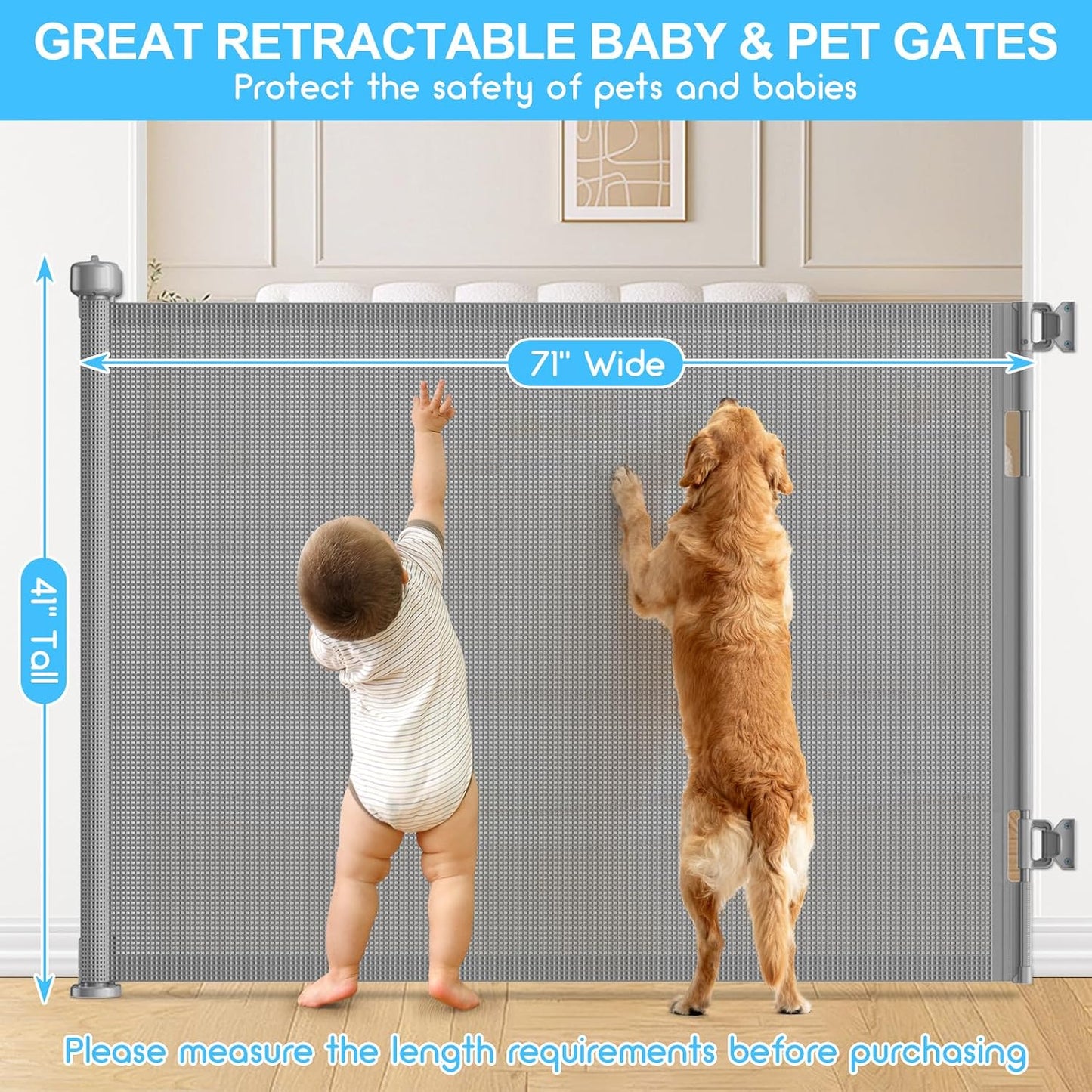 71 inch Retractable Baby Gates, EZIGO Extra Wide Baby Gate for Large Opening Extra Long Mesh Gate for Kids or Pet Dog Gate Child Safety Gate for Stairs Hallways Doorway Indoor Outdoor, Gray