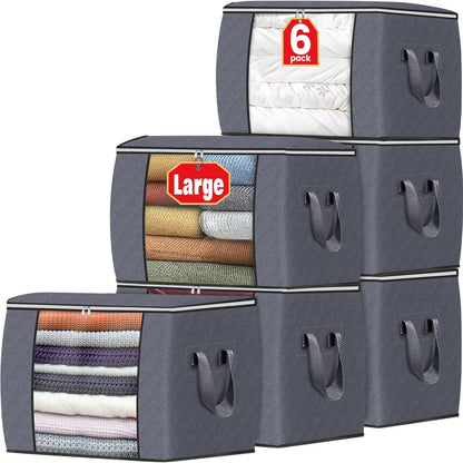 Fab totes 6 Pack Storage Bags for Clothes and Blanket, Foldable Closet Organizers and Storage with Zippers, Clear Window and Handles, Fabric Storage Bins for Sweater, Comforter, Bedding,Linen Sheets