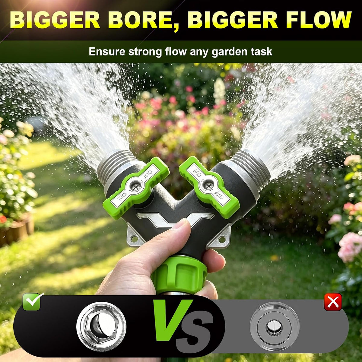 2-Way Heavy Duty Metal Garden Hose Splitter – Y Spigot & Outdoor Faucet Splitter, 100% Metal Body, 0.5LB, Bigger Bore High Flow, Leak-Proof 3/4" GHT,Durable Water Hose Splitter for Garden Tasks