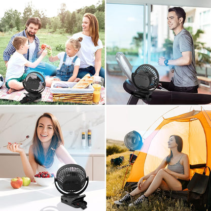 Clip on Fan 65 Hours Portable Desk Fan Rechargeable with LED Lights & Hooks 12000 Capacity Battery Operated Fan with Clips Small Desk Fan Mini Fans for Tents Travel Outdoor Camping Golf Cart Stroller