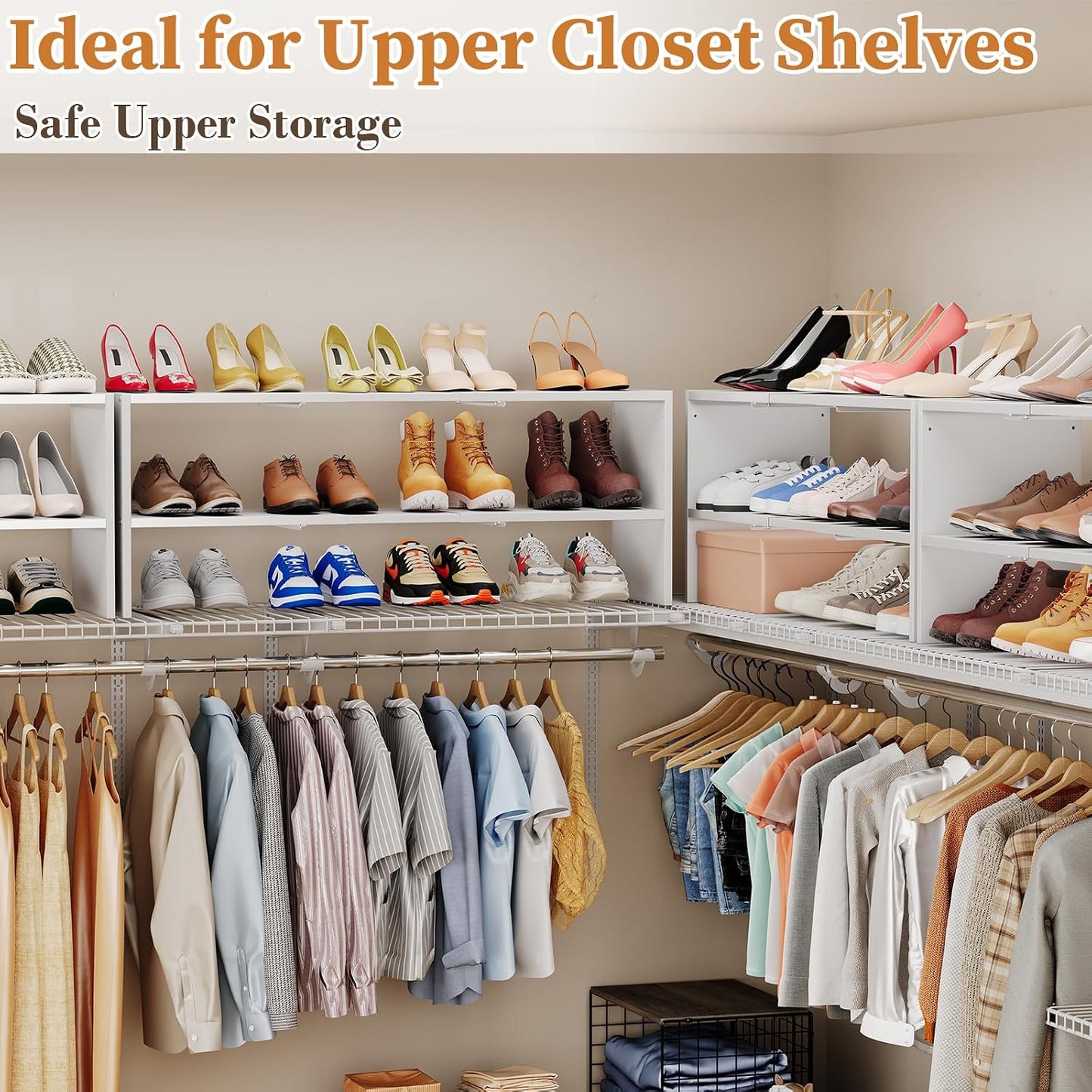 X-cosrack 2 Pack 2-Tier Shoe Rack Organizer for Closet, Expandable and Adjustable White Shoe Rack, Stackable Iron Wood Combination Shoe Storage Shelves for Closets, Entryway, Small Space, Garage