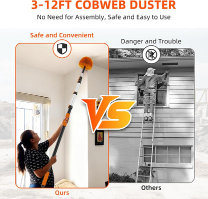 30 FT Reach Cobweb Duster with 5-24 FT Telescoping Pole, Dual Action Flip-Lock & Screw Fixing Design, Washable Reusable Duster for High Ceilings, Fans & Home Cleaning