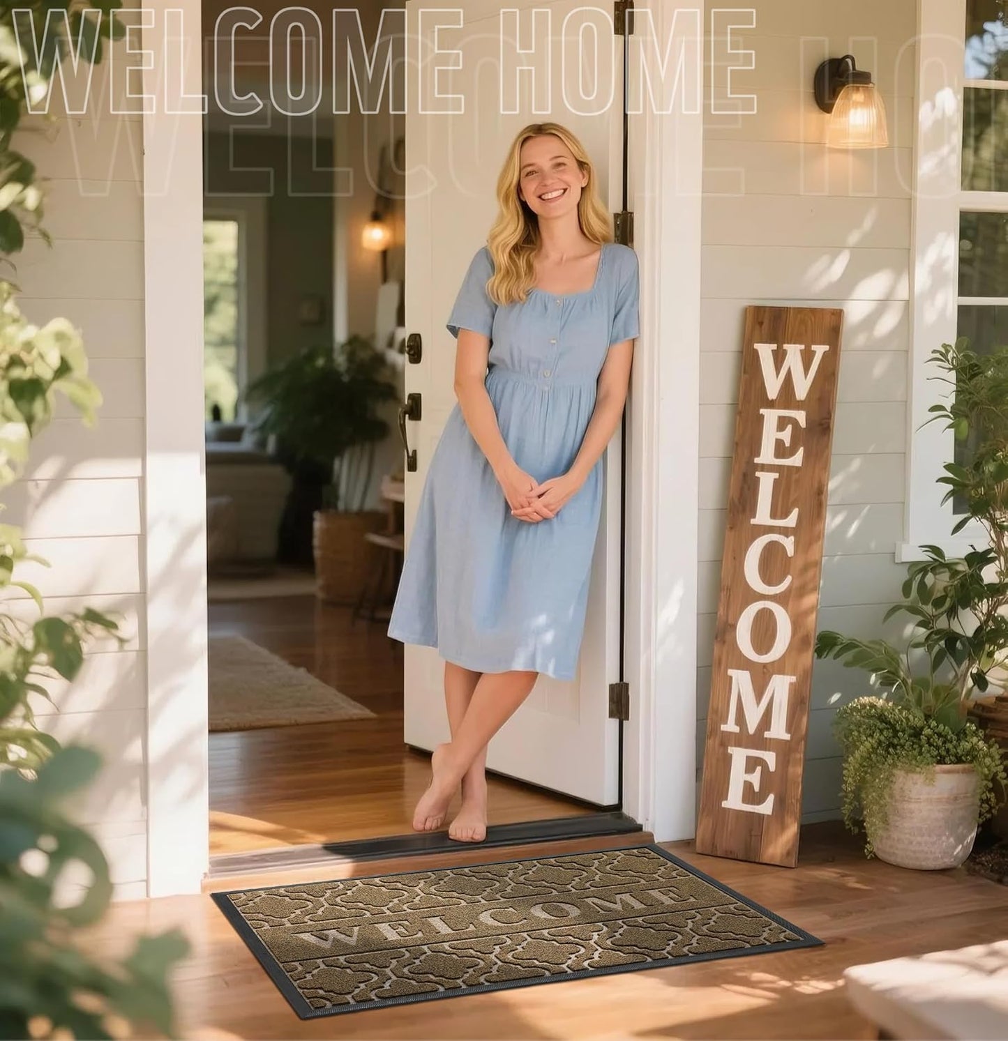 Yimobra Welcome Mat Outdoor Indoor, All-Weather Waterproof Front Door Mat Outside Entrance, Non-Slip Low Profile Porch Patio Doormat, 29.5x17, Black