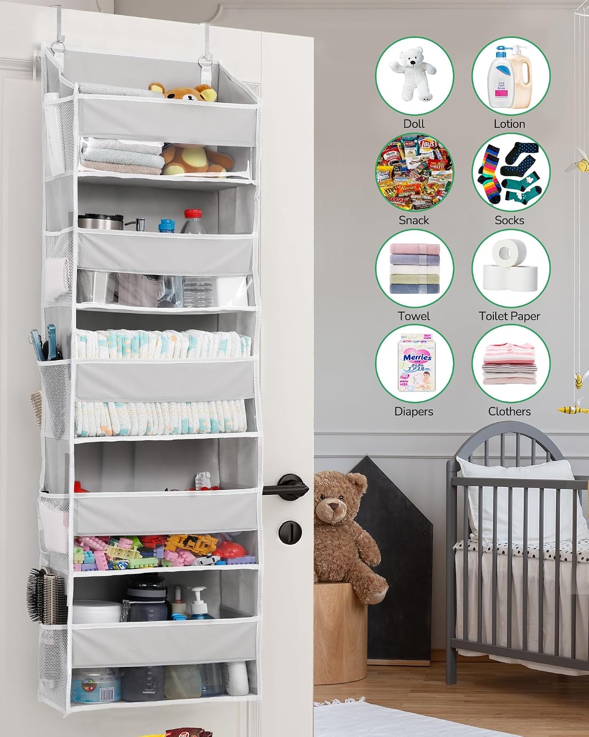 ULG Over the Door Organizer, 5-Tier Extra Large Hanging Storage with 10 Mesh Pockets, 100 lbs Capacity, Heavy Duty Door Organizer for Closet, Bedroom, Nursery Storage, Beige