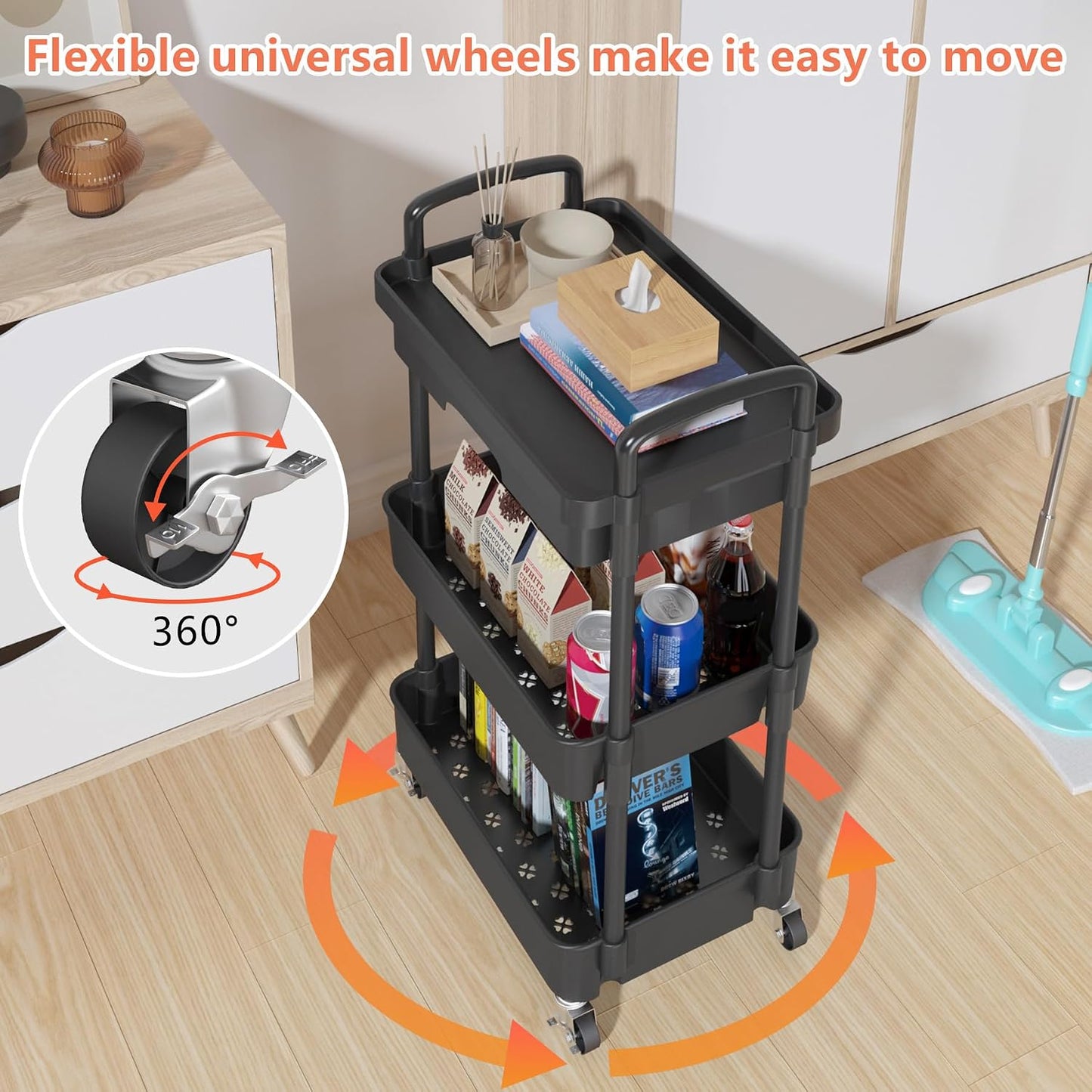 Calmootey 3-Tier Rolling Utility Cart with Drawer,Multifunctional Storage Organizer with Plastic Shelf & Metal Wheels,Storage Cart for Kitchen,Bathroom,Living Room,Office,White