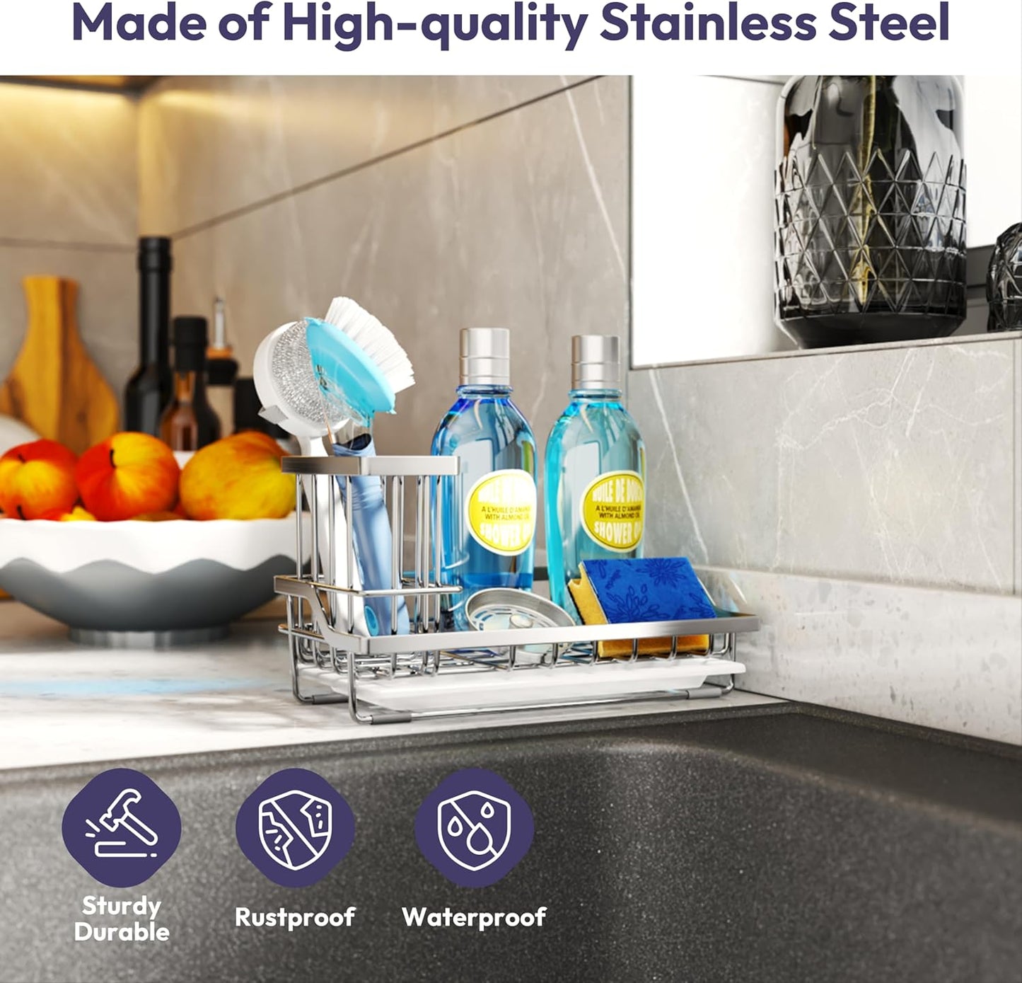 SWTYMIKI Sink Caddy Sponge Holder - Kitchen Sink Organizer with High Brush Holder for Countertop to Hold Dish Soaps and Sponges, Stainless Steel, Black